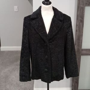 Gallery black faux fur coat with  3 button closure and pink lining. Size Large